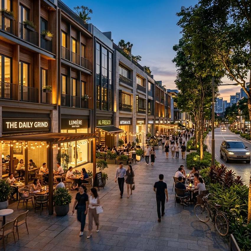 Phố thương mại chân đế sầm uất với nhà hàng và boutique