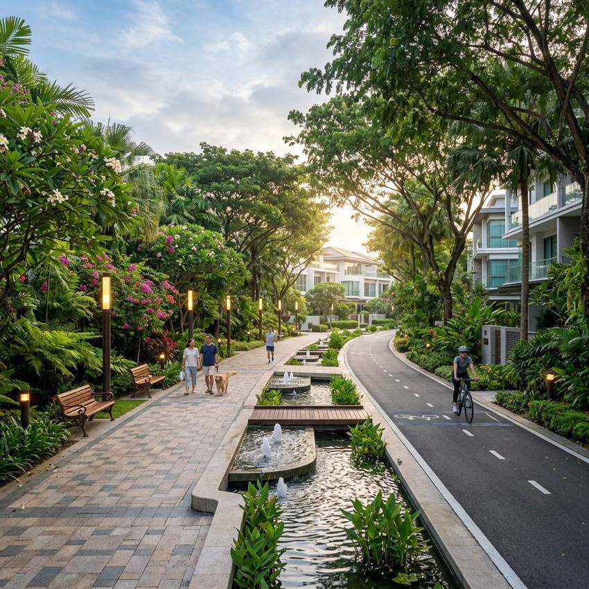Đường dạo bộ rợp bóng cây với đài phun nước và xe đạp