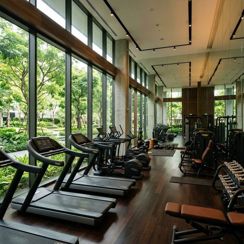 Phòng tập gym cao cấp với máy chạy bộ nhìn ra vườn cây