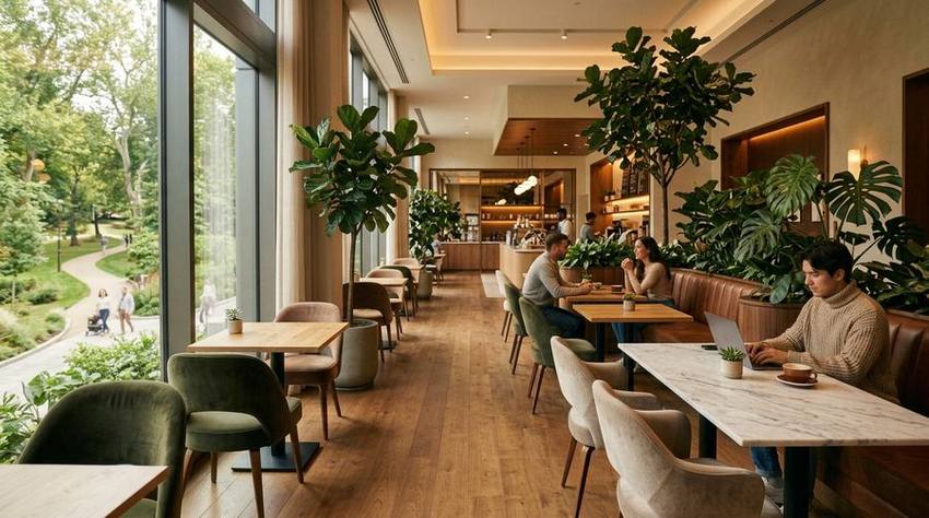 Café lounge nội khu với cây xanh và view vườn