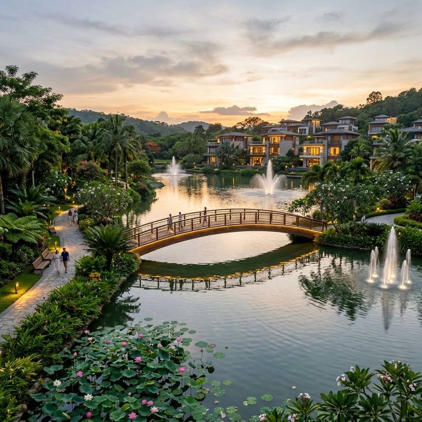Hồ cảnh quan với cầu gỗ, đài phun nước và vườn sen