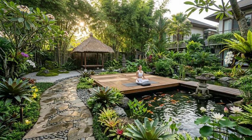 Vườn thiền zen với sàn yoga, hồ cá koi và cây xanh