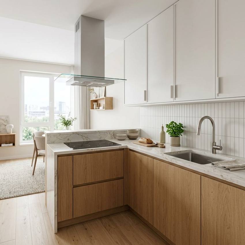 Khu bếp căn 1PN — tủ bếp gỗ sáng, bếp từ âm