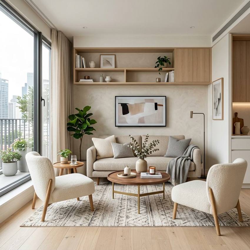 Phòng khách căn 1PN — sofa kết hợp kệ TV hiện đại