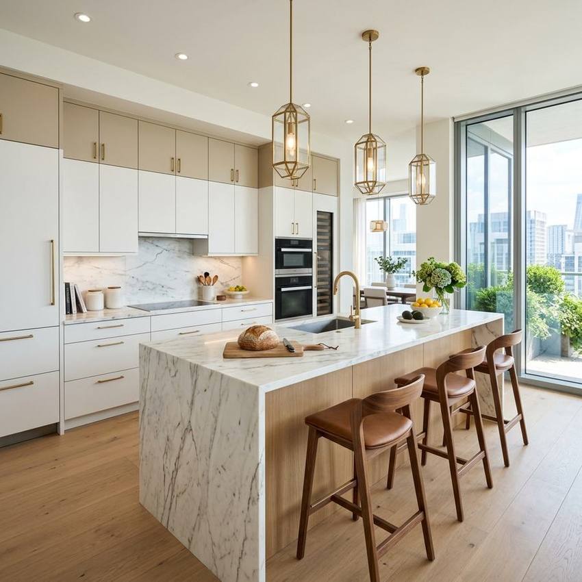 Khu bếp căn 3PN — đảo bếp đá marble, tủ rượu