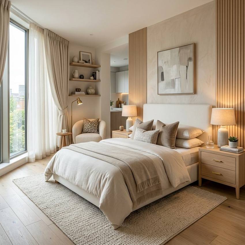 Khu ngủ căn Studio — ấm cúng, tận dụng ánh sáng tự nhiên